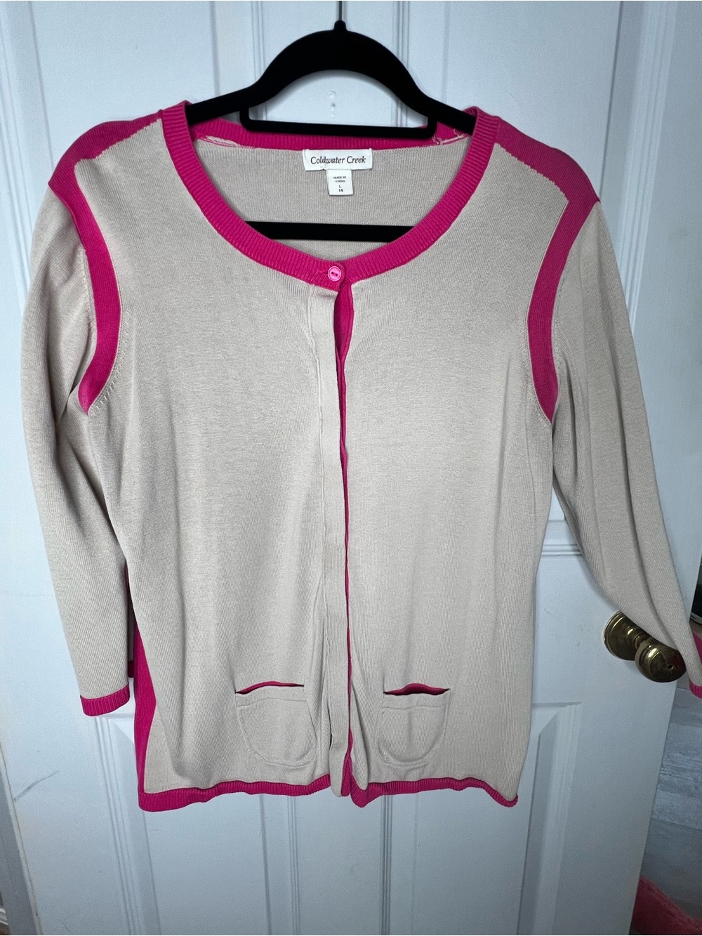Coldwater Creek Beige Cardigan with Pink Trim - Women's Lightweight Sweater